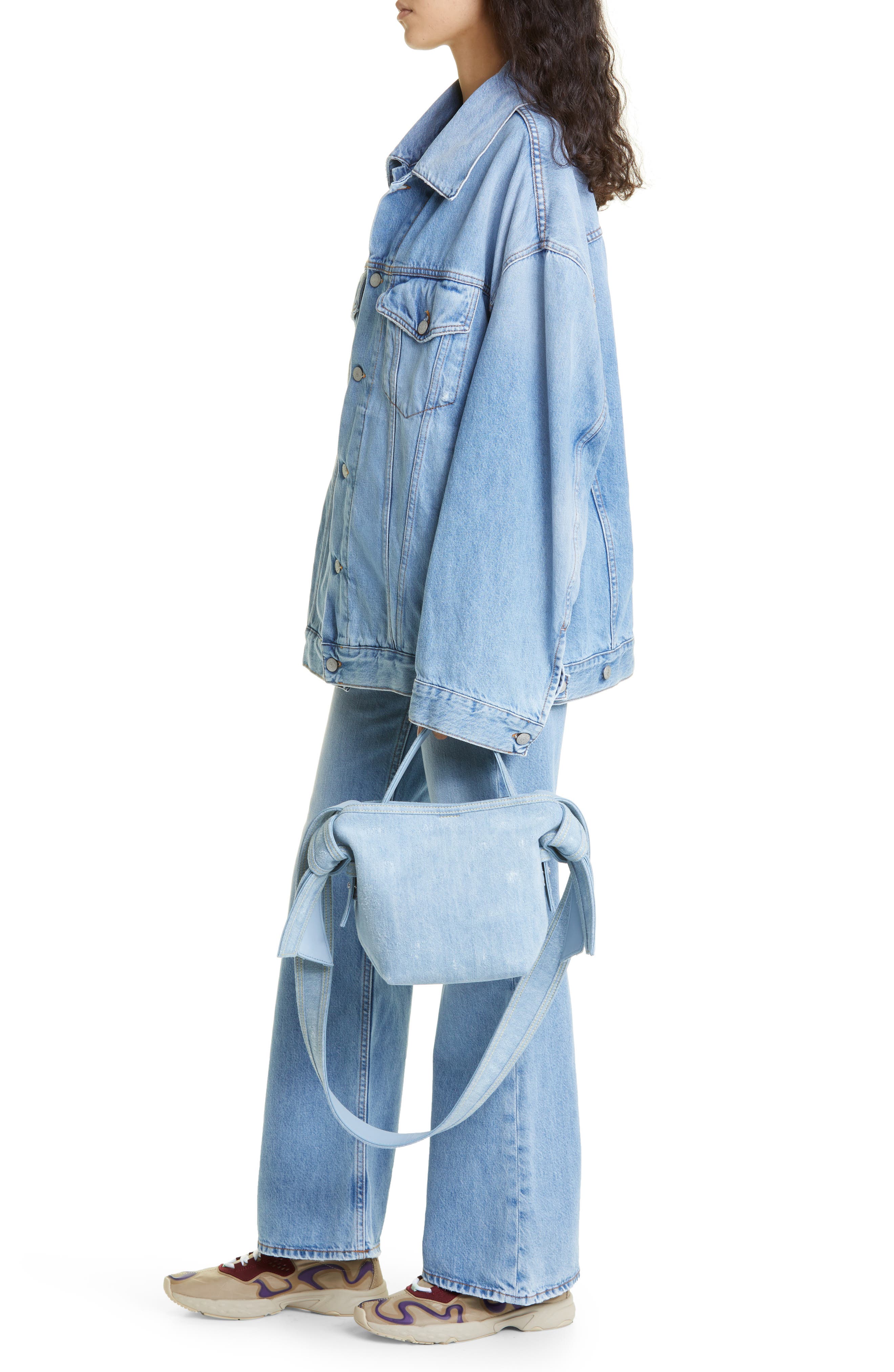 Acne Studios Mini Musubi Destroyed Denim Top Handle Bag, Alternate, color, 