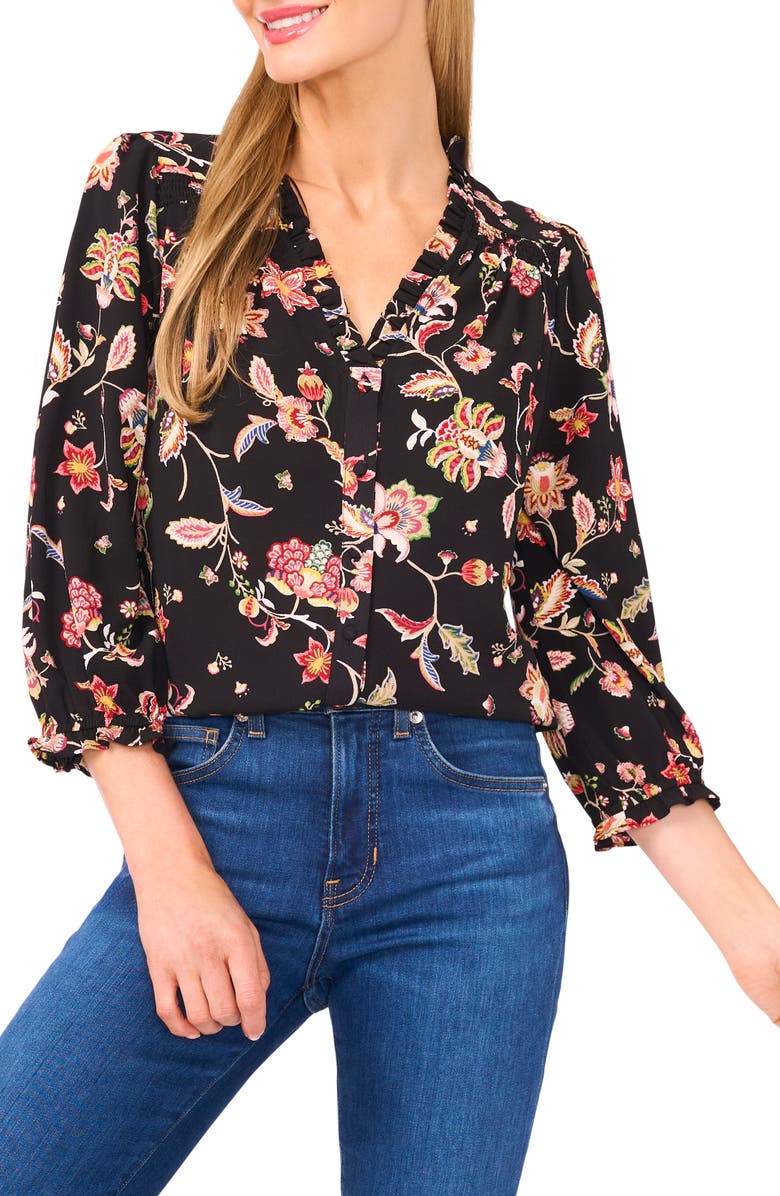 CeCe Ruffle Print Top, Main, color, Rich Black