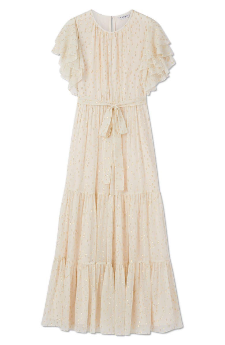 LK Bennett Liv Metallic Dot Silk Blend Tiered Maxi Dress, Alternate, color, Cream