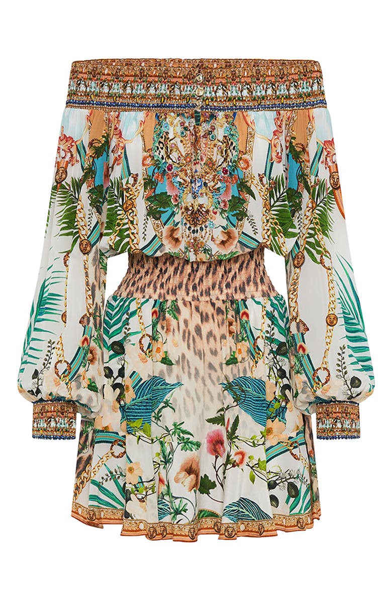 Camilla Jungle Print Off the Shoulder Long Sleeve Silk Dress, Main, color, 