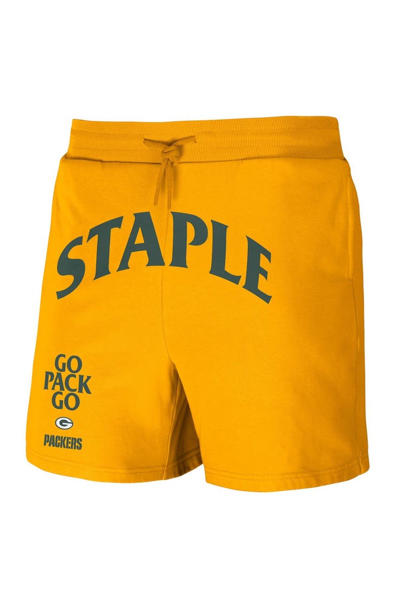 STAPLE Men's NFL x Staple Gold Green Bay Packers Throwback Vintage Wash Fleece Shorts, Alternate, color, 