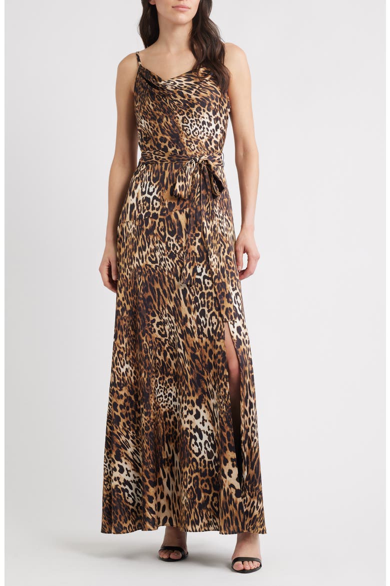 Leopard Print Aysmmetric Neck Satin Gown, Main, color, BROWN
