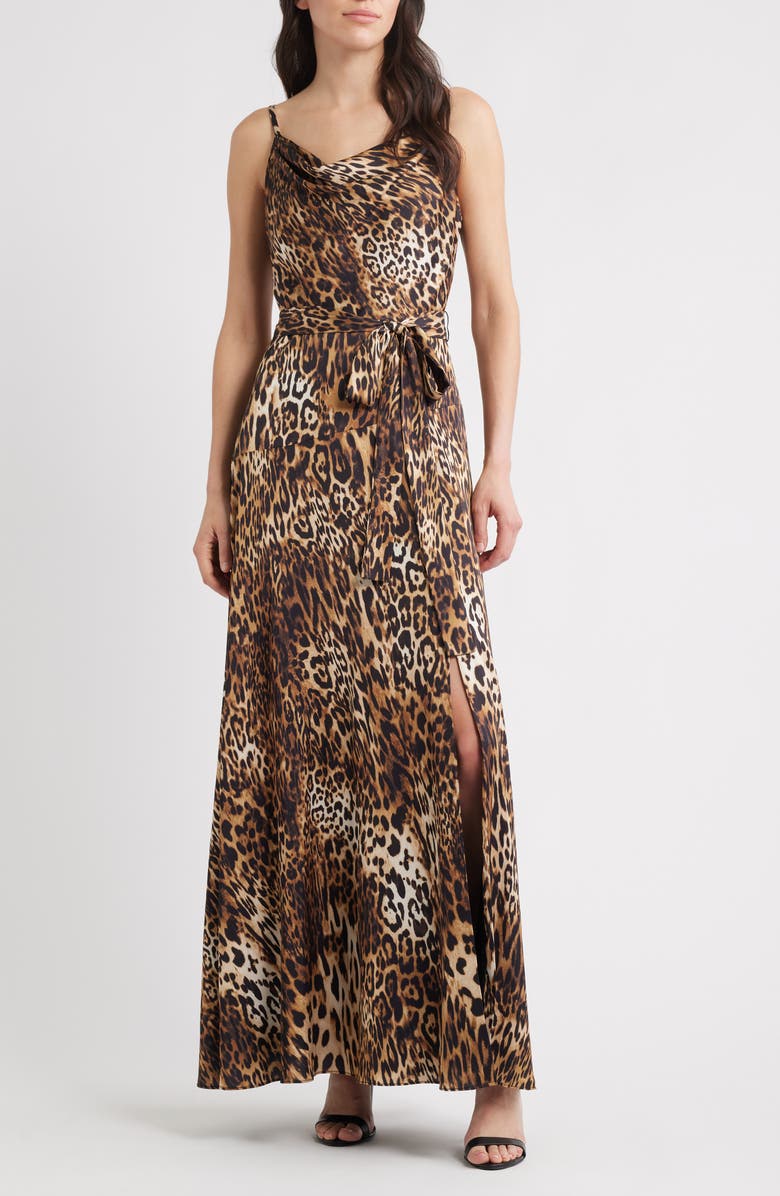 Vince Camuto Leopard Print Aysmmetric Neck Satin Gown, Main, color, Brown