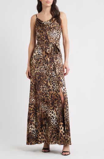 Leopard Print Aysmmetric Neck Satin Gown