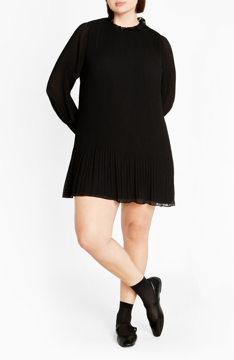 City Chic Solana Ruffle Long Sleeve Plissé Minidress, Main, color, Black