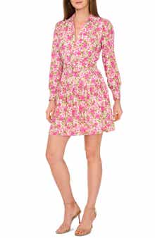 CeCe Floral Long Sleeve Belted Shirtdress