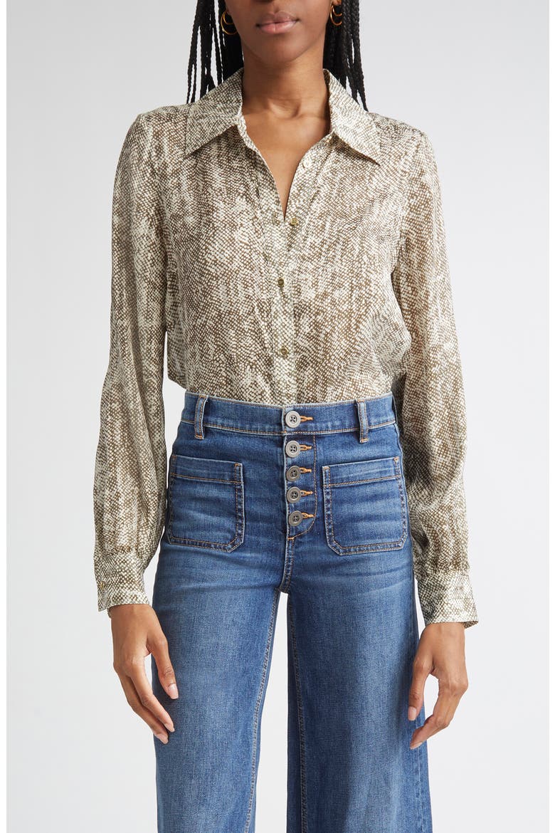 Pauline Abstract Snakeskin Print Silk Blend Button-Up Shirt, Main, color, OLIVE BAJA DOT