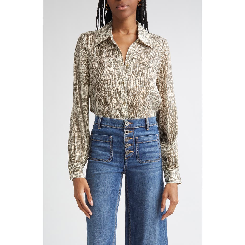 Ramy Brook Pauline Abstract Snakeskin Print Silk Blend Button-up Shirt In Green