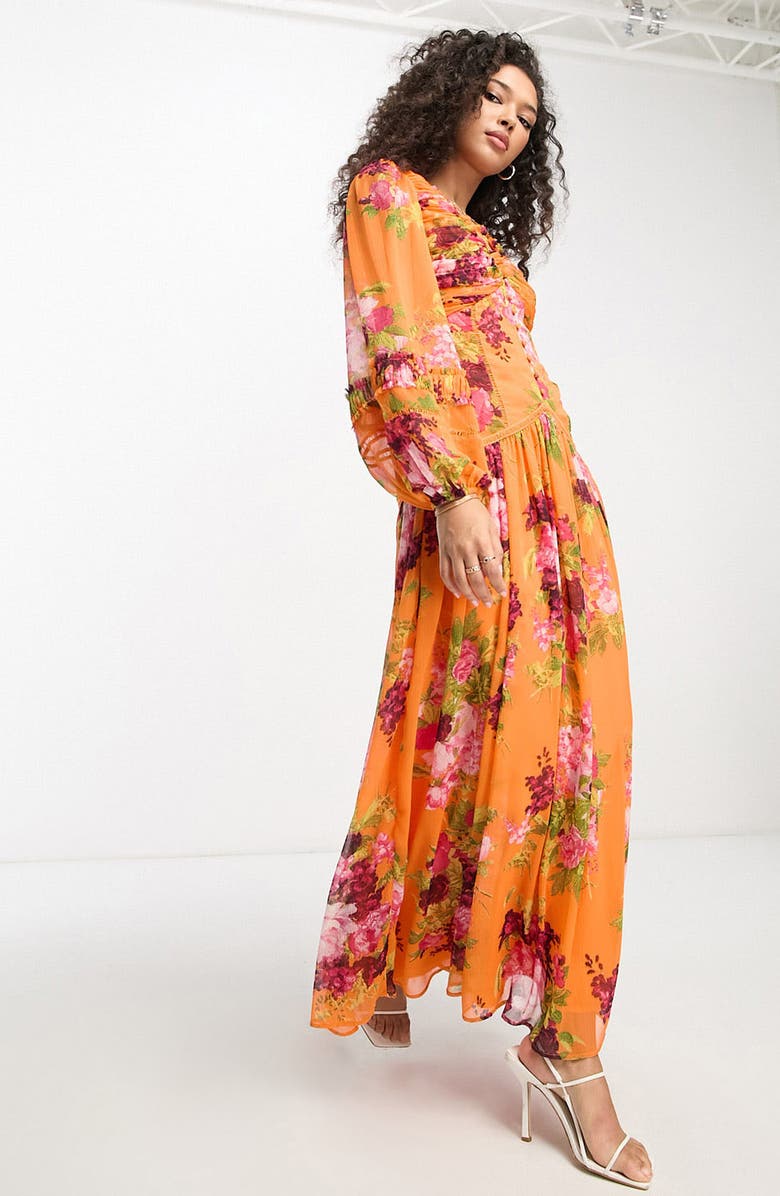 ASOS DESIGN Floral Print Ruched Long Sleeve Chiffon Maxi Dress, Alternate, color,