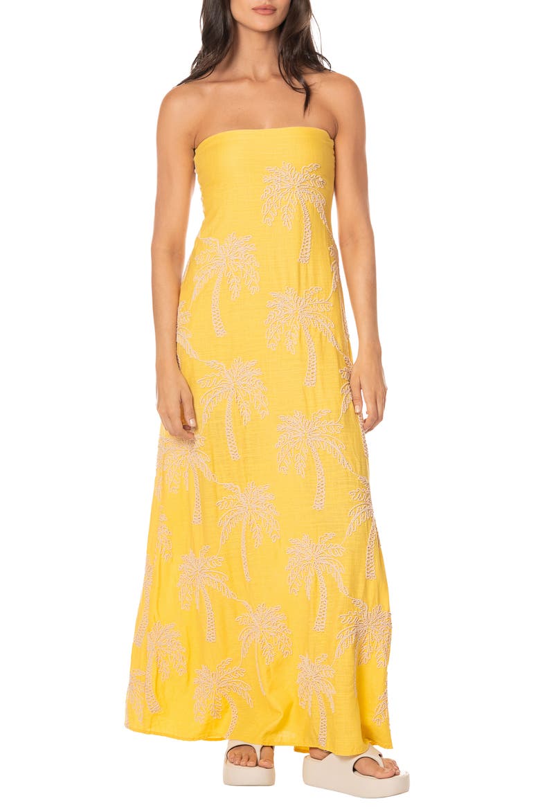 Palm Poetry Strapless Maxi Cover-Up Dress, Main, color, LIGHT/ PASTEL YELLOW