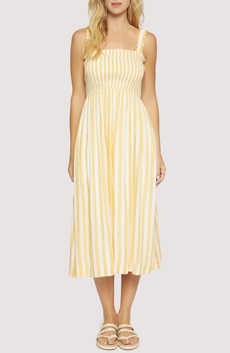 Lost + Wander Sunburst Glow Stripe Midi Sundress, Main, color, Yellow White