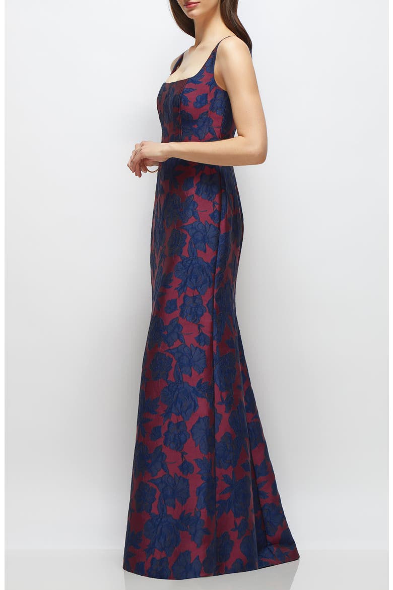 Floral Jacquard Sleeveless Trumpet Gown, Alternate, color, BURGUNDY NAVY FLORAL