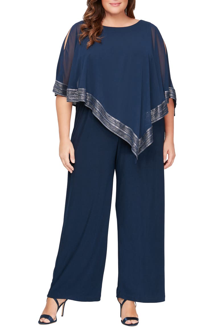 Foil Trim Asymmetric Popover Jumpsuit, Main, color, NAVY/SILVER