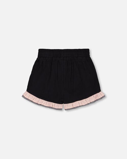Deux Par Deux Little Girl's Crinkle Short With Frills Black And Butterflies In Black And Butterflies
