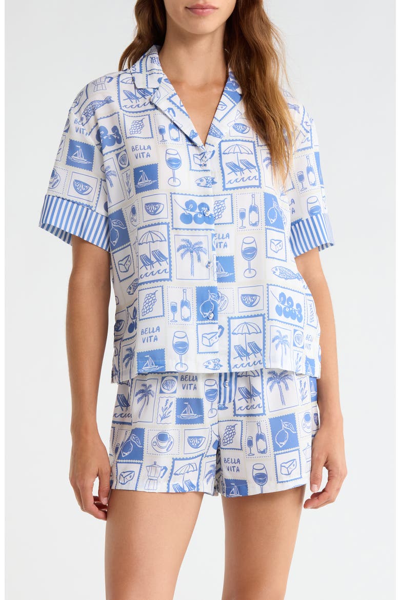 Notch Collar Top & Boxers Woven Short Pajamas, Main, color, DENIM