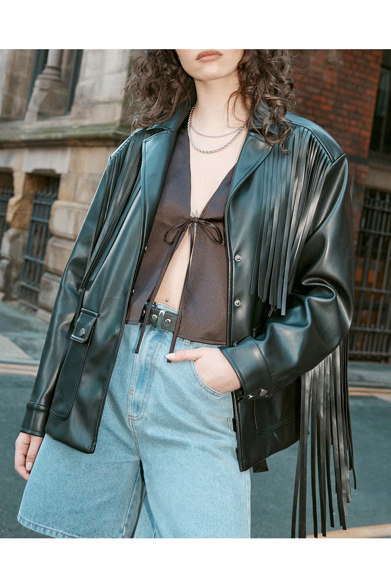 Fringe Faux Leather Belted Jacket, Alternate, color, Black