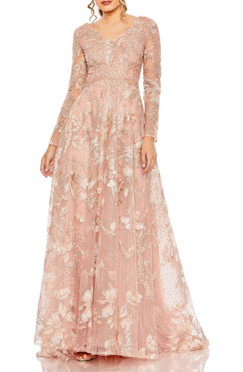 Mac Duggal Embellished Long Sleeve V Neck A Line Gown, Main, color, Dusty Rose