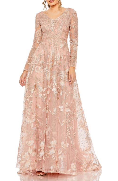 Mac Duggal Embellished Long Sleeve V Neck A Line Gown In Dusty Rose