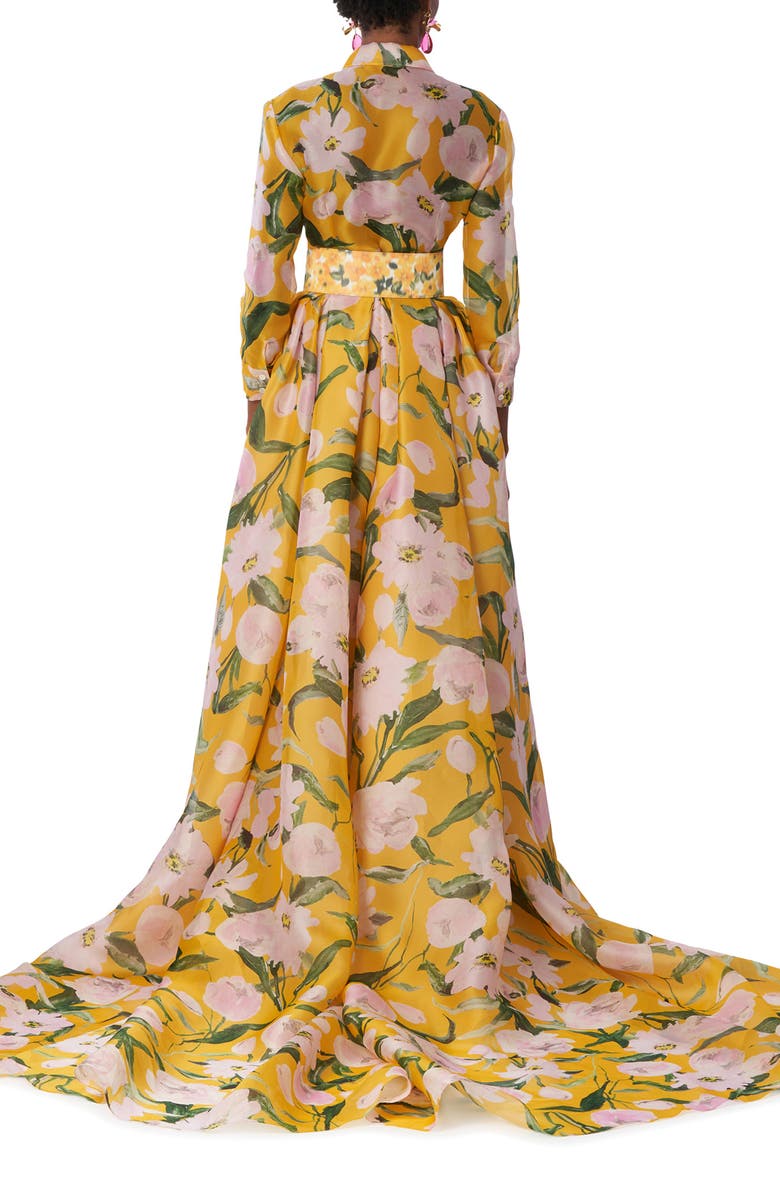 Carolina Herrera Peony Print Long Sleeve Silk Organza Trench Gown, Alternate, color, 