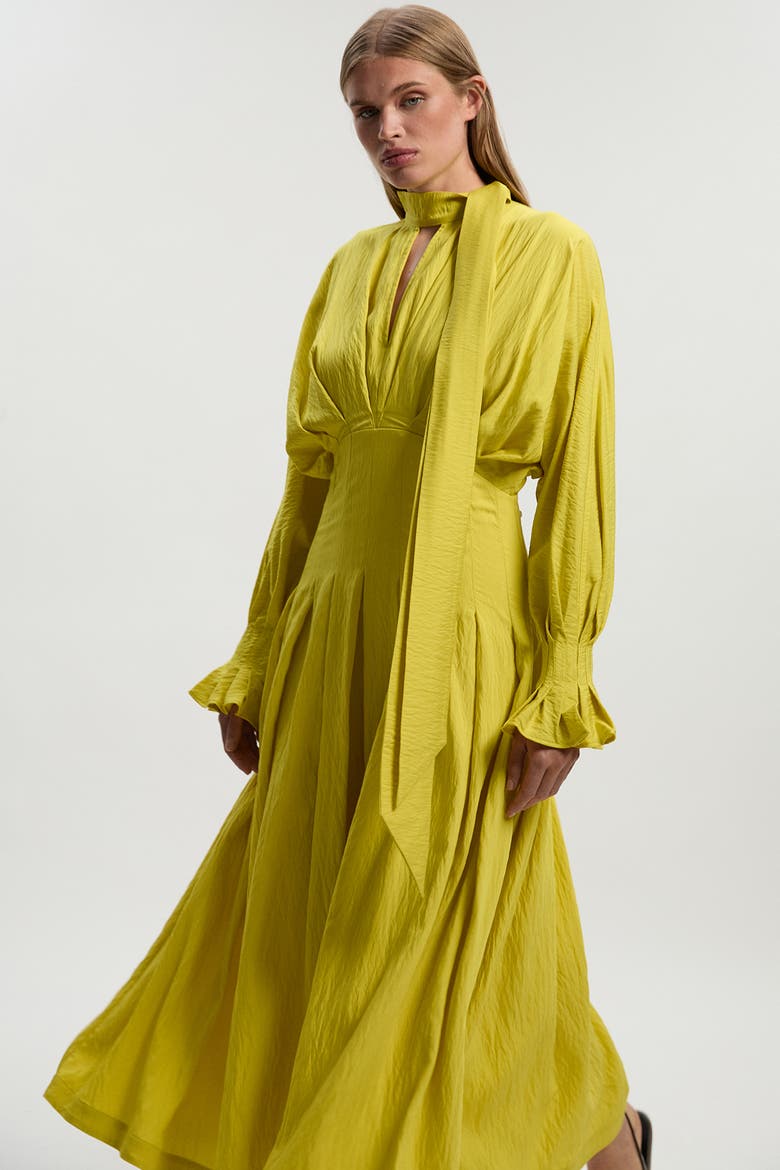 Pleated Neck Tie Detail Woven Maxi Dress, Alternate, color, Chartreuse