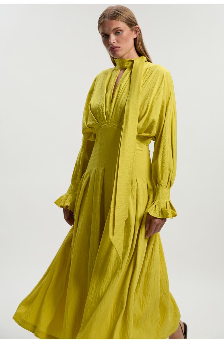 Karen Millen Pleated Neck Tie Detail Woven Maxi Dress, Alternate, color, Chartreuse