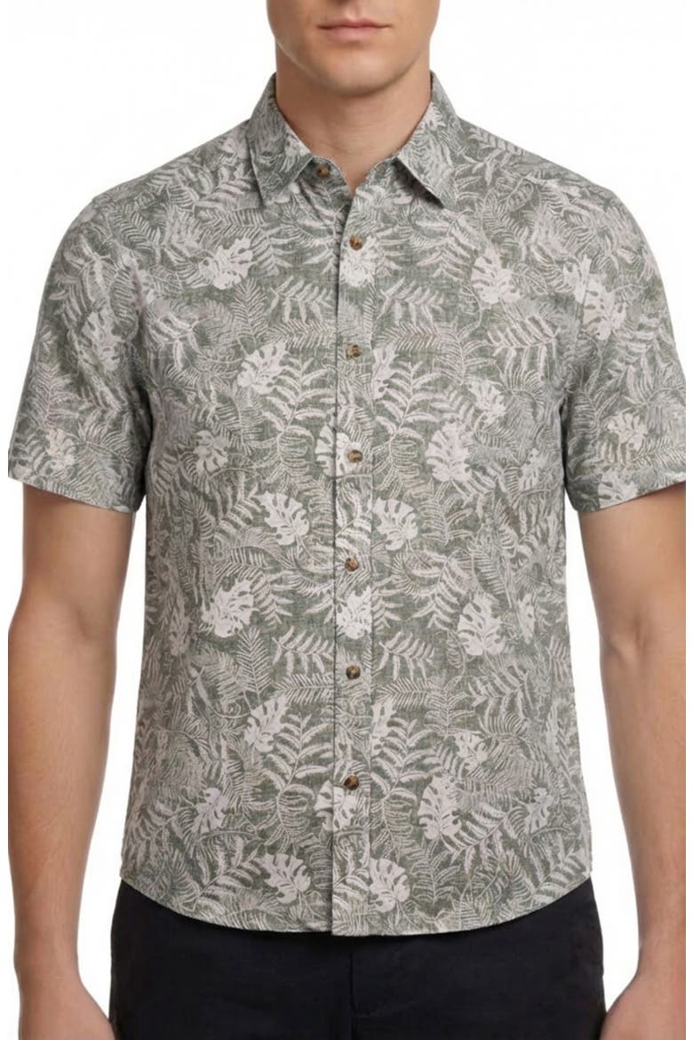 Tropical Print Short Sleeve Linen & Cotton Button-Up Shirt, Main, color, OLIVE