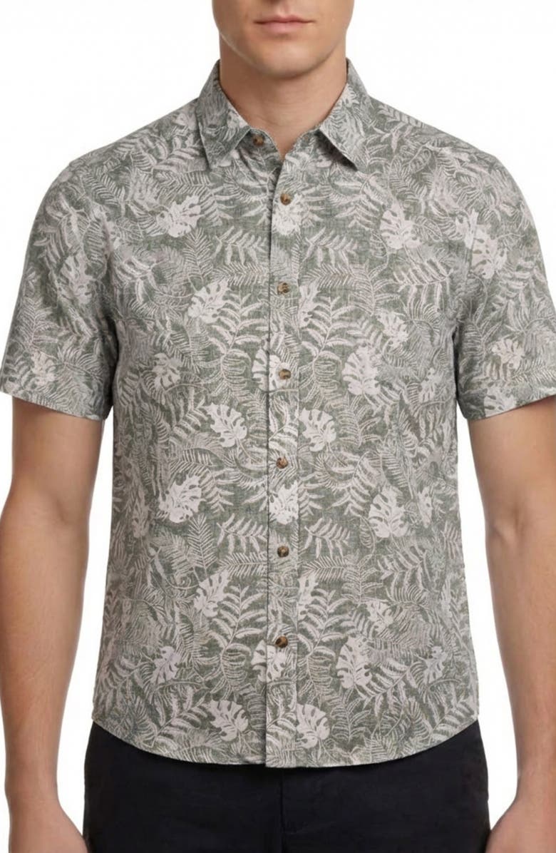 Report Collection Tropical Print Short Sleeve Linen & Cotton Button-Up Shirt, Main, color, Olive