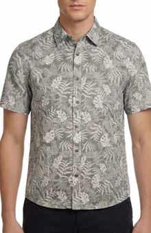 Report Collection Tropical Print Short Sleeve Linen & Cotton Button-Up Shirt
