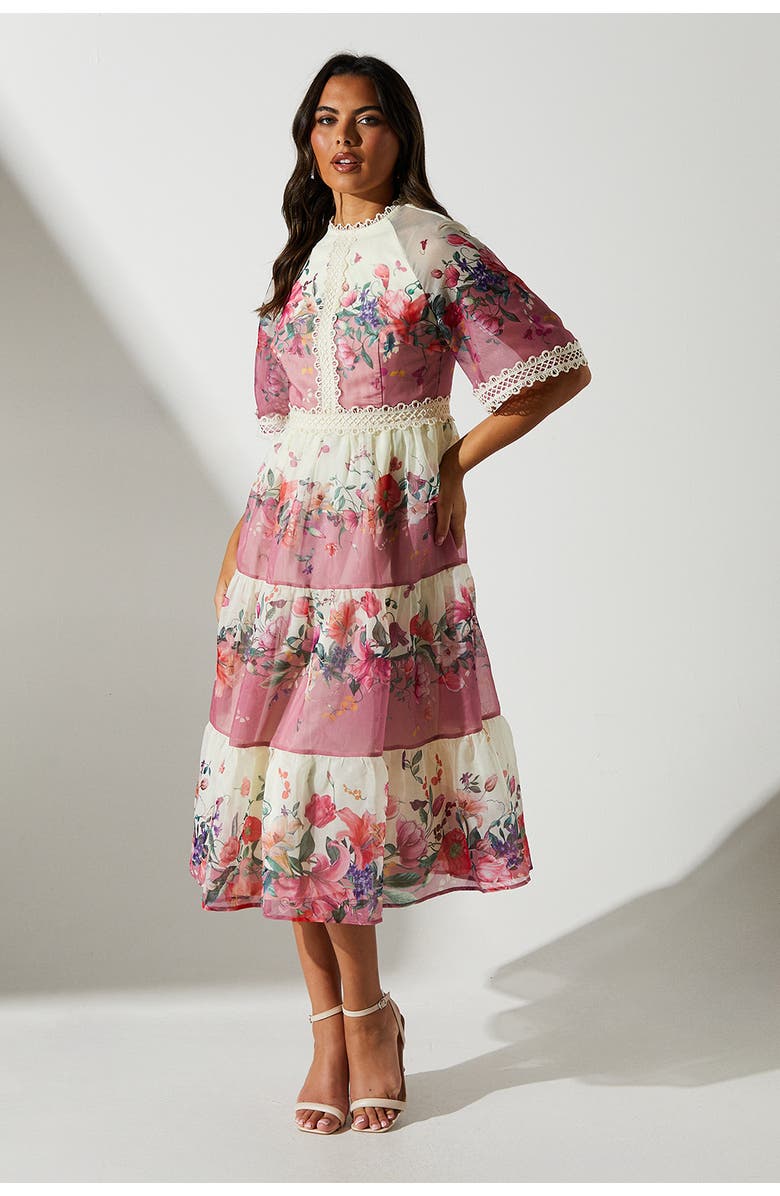 Coast Organza Floral Tiered Lace Trim Dress, Main, color, Multi