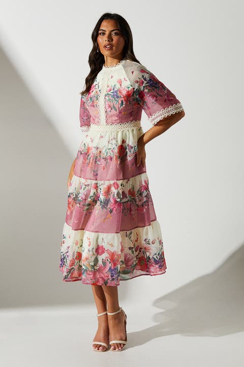 Organza Floral Tiered Lace Trim Dress