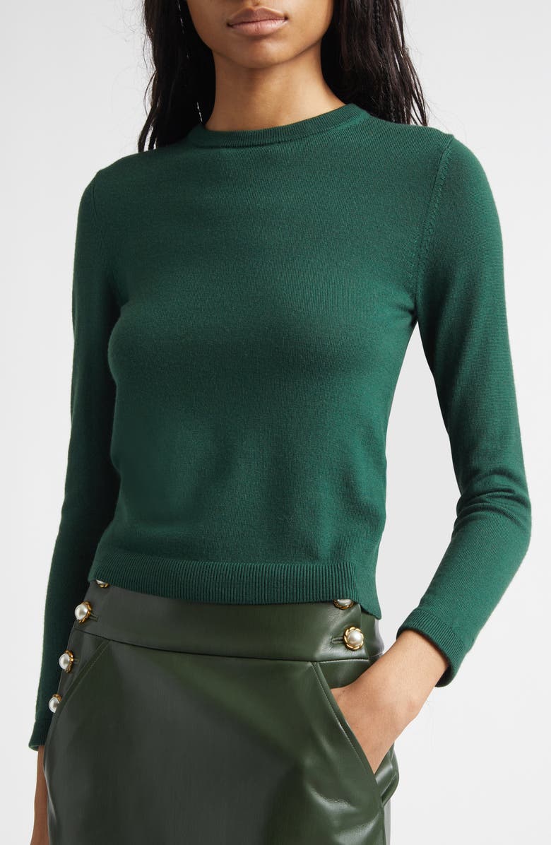 Alice + Olivia Porla Satin Trim Stretch Wool Sweater, Alternate, color, Green Mystique