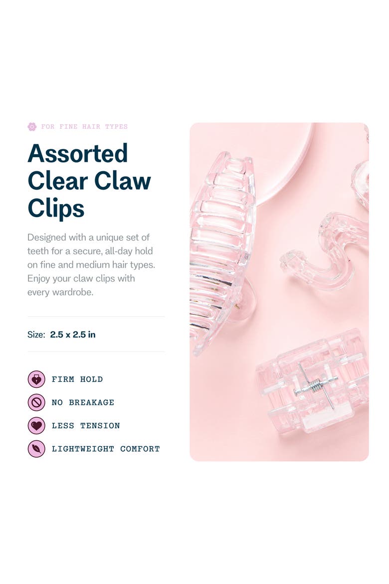 Claw Clips for Fine Hair 3pk, Assorted Clear, Alternate, color, Metallic Silver
