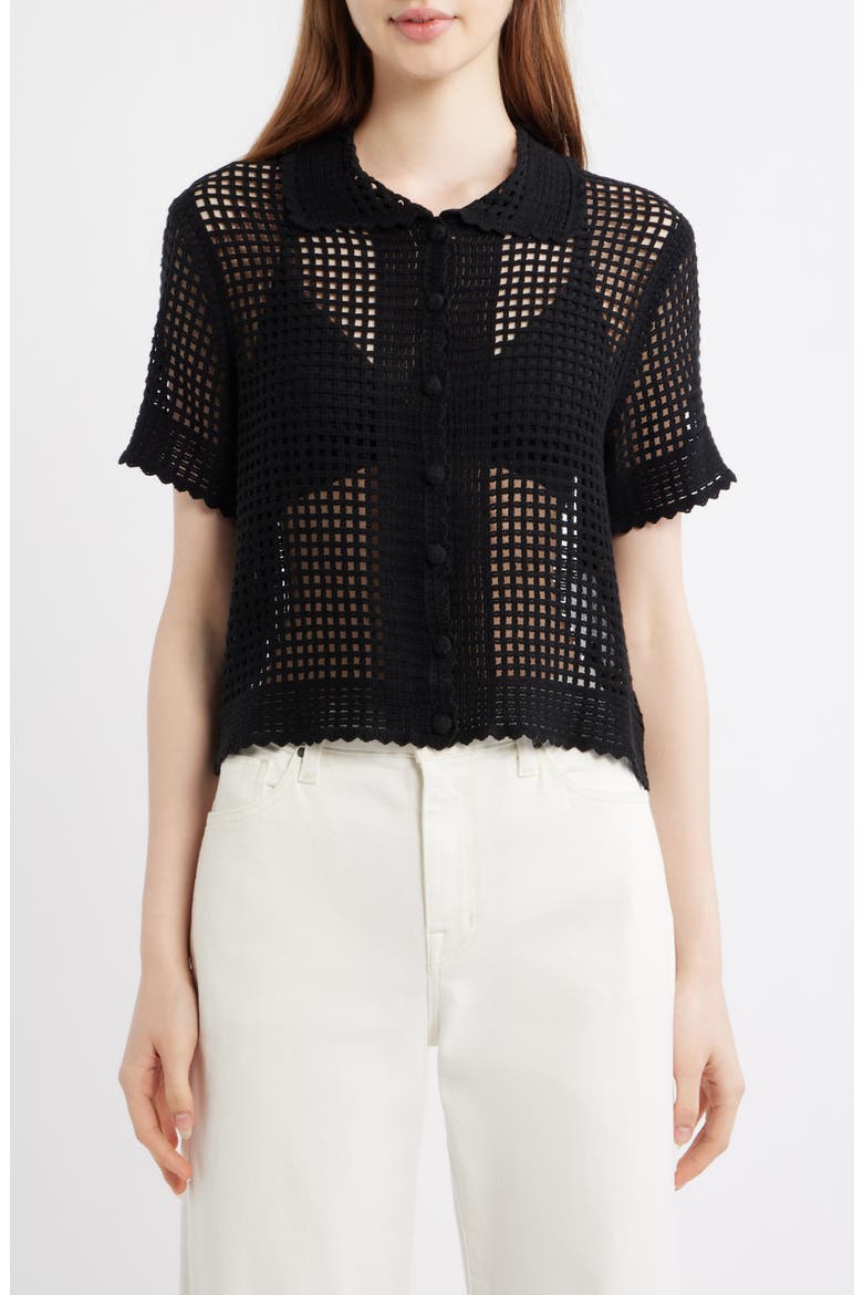 The Crochet Short Sleeve Button-Up Shirt, Main, color, BLACK