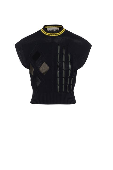 Cable Horse Hair Leather Trim Striped Neckline Knit Vest