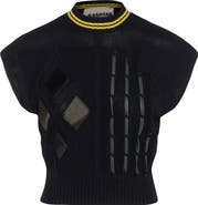 Hashtag Cable Horse Hair Leather Trim Striped Neckline Knit Vest