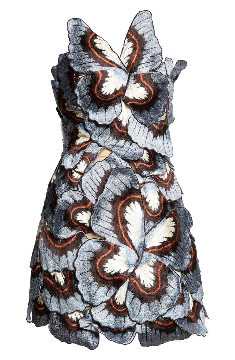Oscar de la Renta 3D Butterfly Appliqué Strapless Dress, Alternate, color, Blue Multi