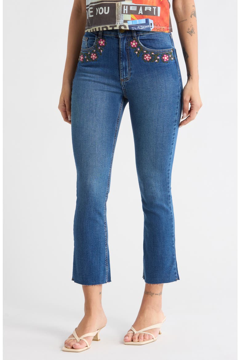 Floral Embroidered Ankle Flare Jeans, Main, color, MEDIUM BLUE
