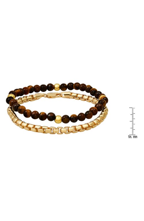 Hmy Jewelry Set Of 2 Box Chain & Tiger's Eye Beaded Bracelets In Gold/brown/black
