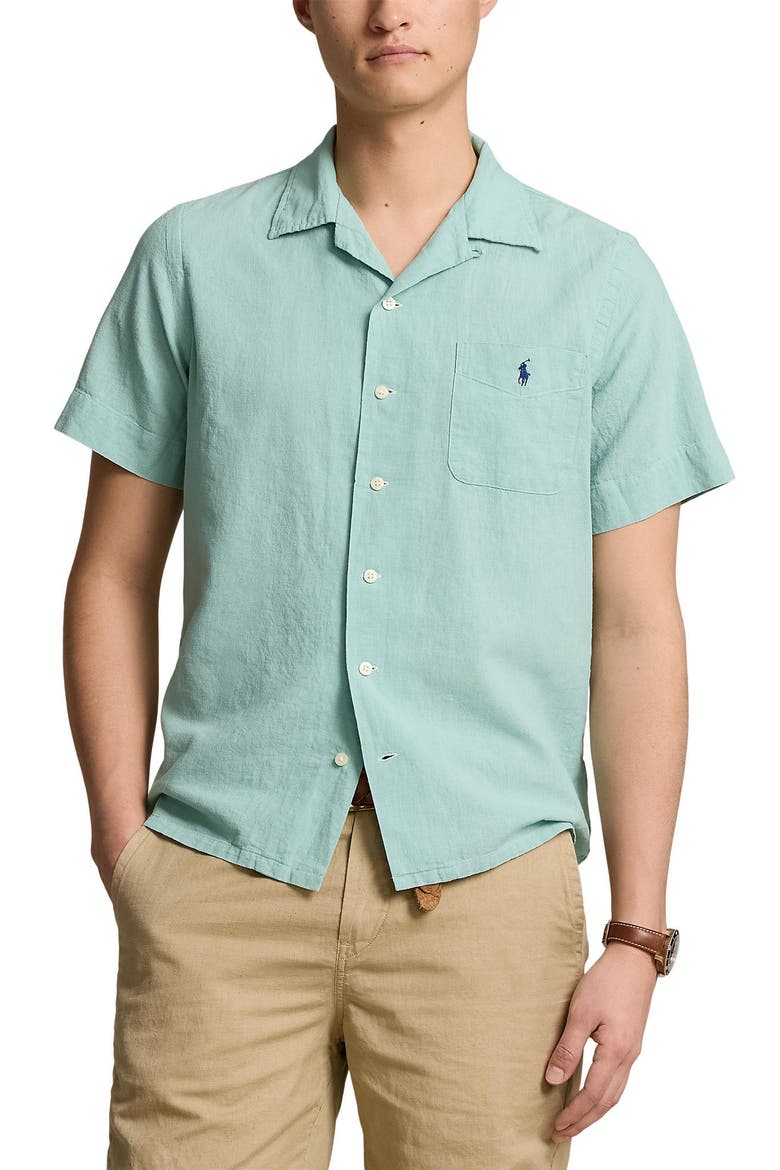 Linen & Cotton Camp Shirt, Main, color, CELADON