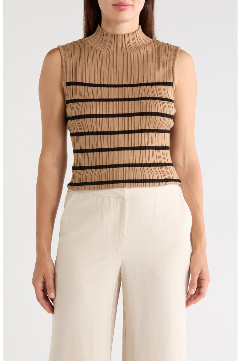 Mock Neck Sleeveless Ribbed Sweater, Main, color, CARAMEL/ BLACK