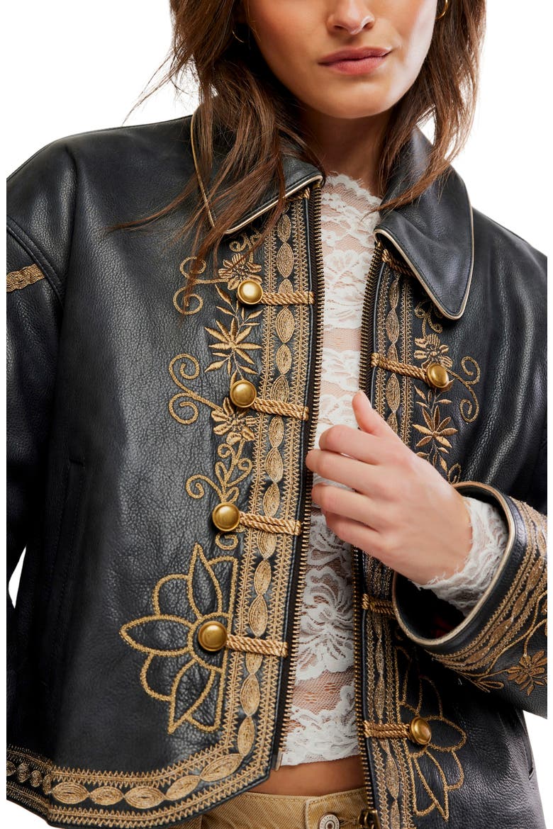 Lana Embroidered Leather Jacket, Alternate, color, BLACK