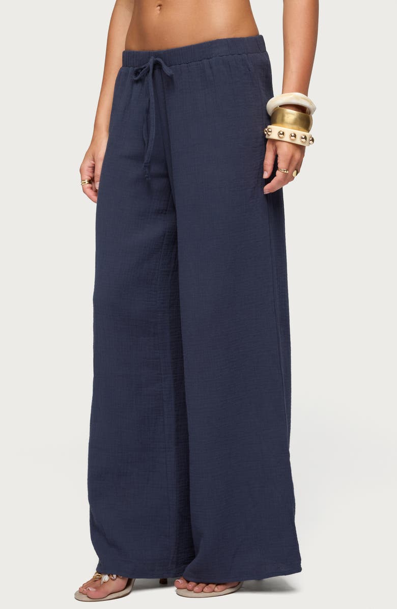 EDIKTED Viktoria Cotton Crinkle Gauze Wide Leg Drawstring Pants, Alternate, color, Navy