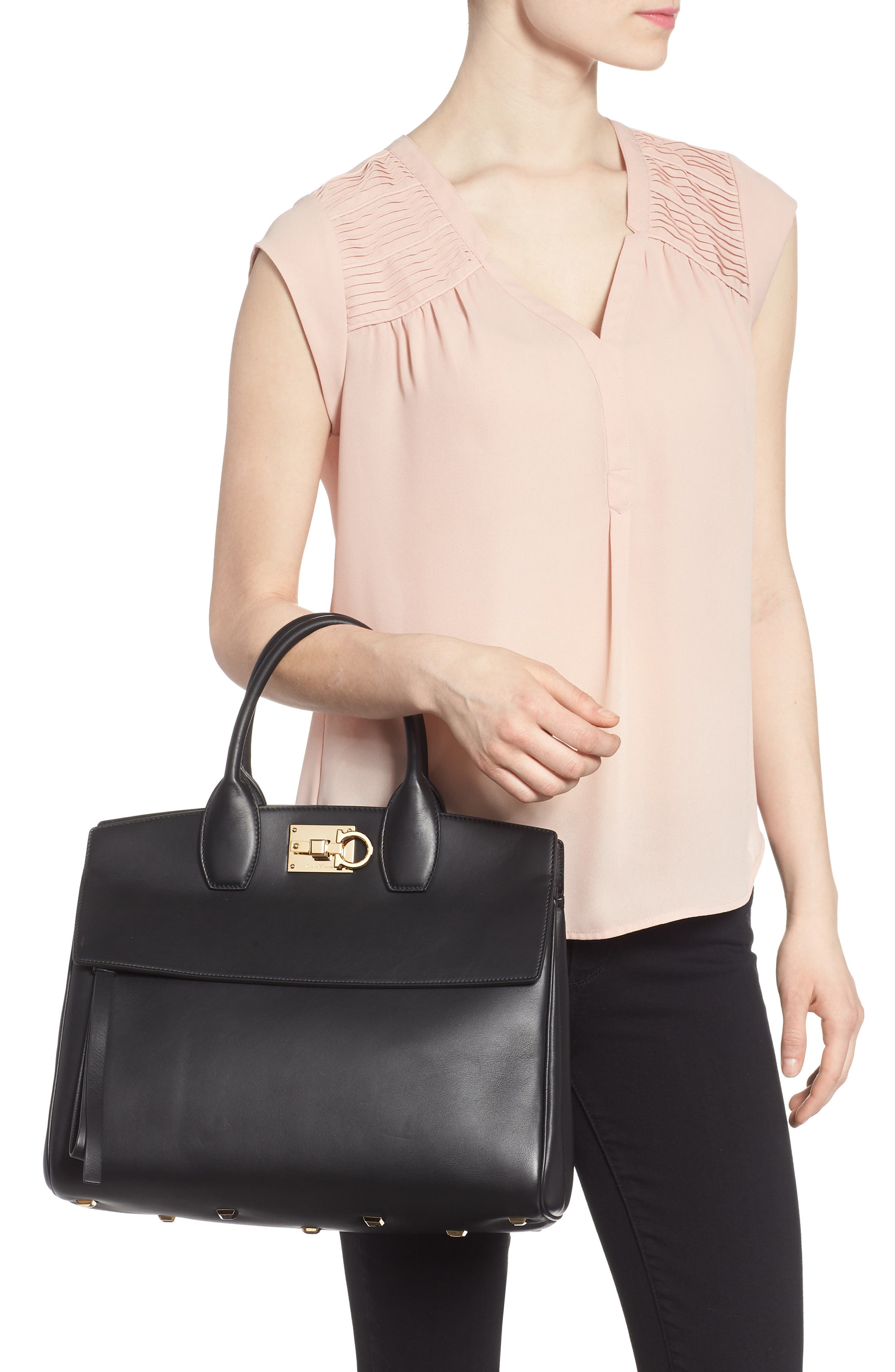 FERRAGAMO Salvatore Ferragamo Studio Calfskin Leather Top Handle Tote, Alternate, color, 