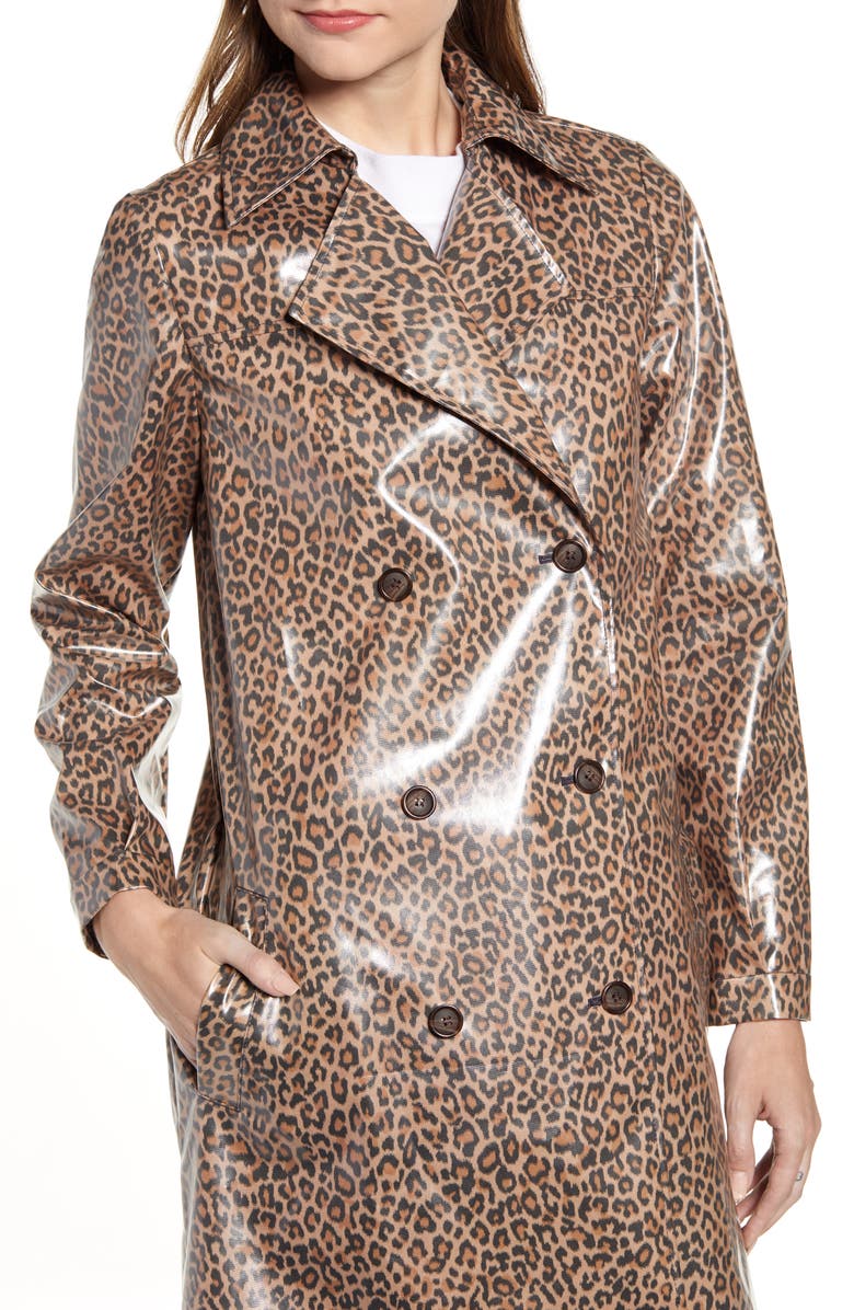 Something Navy Leopard Print Water Resistant Coated Trench Coat, Alternate, color,