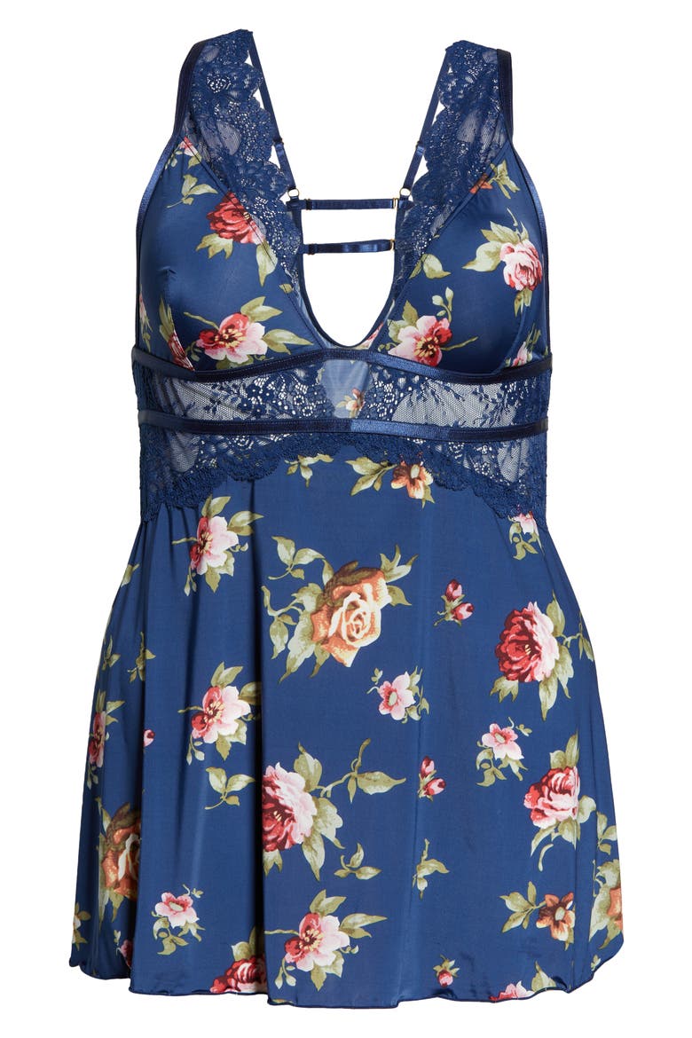 Naeva Floral Print Lace Trim Babydoll Chemise, Alternate, color, ESTATE BLUE SCATTERED ROS