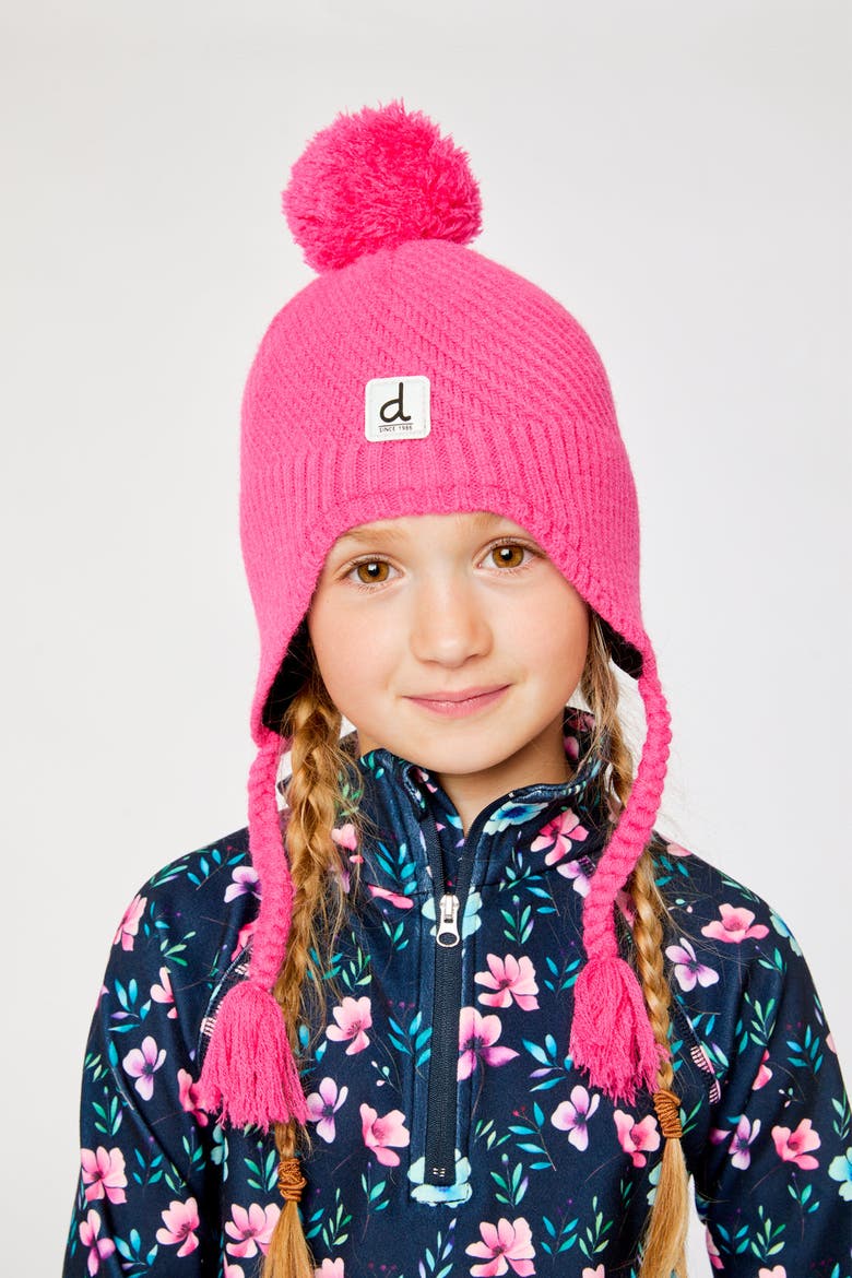 Winter Knit Ear Flap Pompom Hat, Alternate, color, Bright Pink