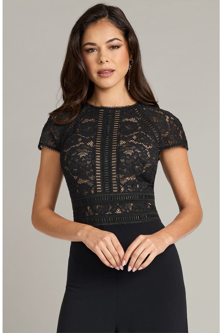 Lace Top Crepe Jumpsuit, Alternate, color, BLACK/ NUDE