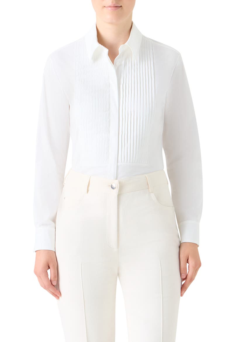 Pleated Bib Stretch Poplin Button-Up Shirt, Main, color, WHITE