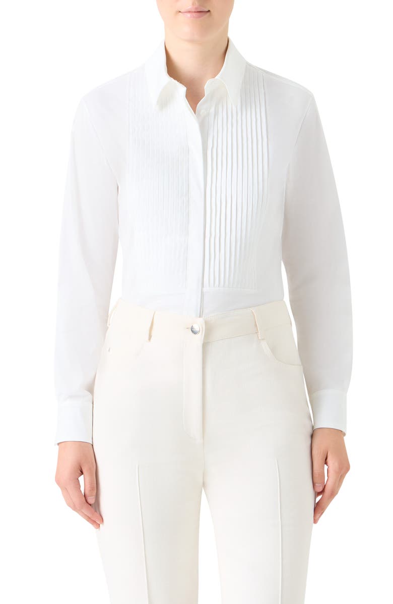Akris Pleated Bib Stretch Poplin Button-Up Shirt, Main, color, White