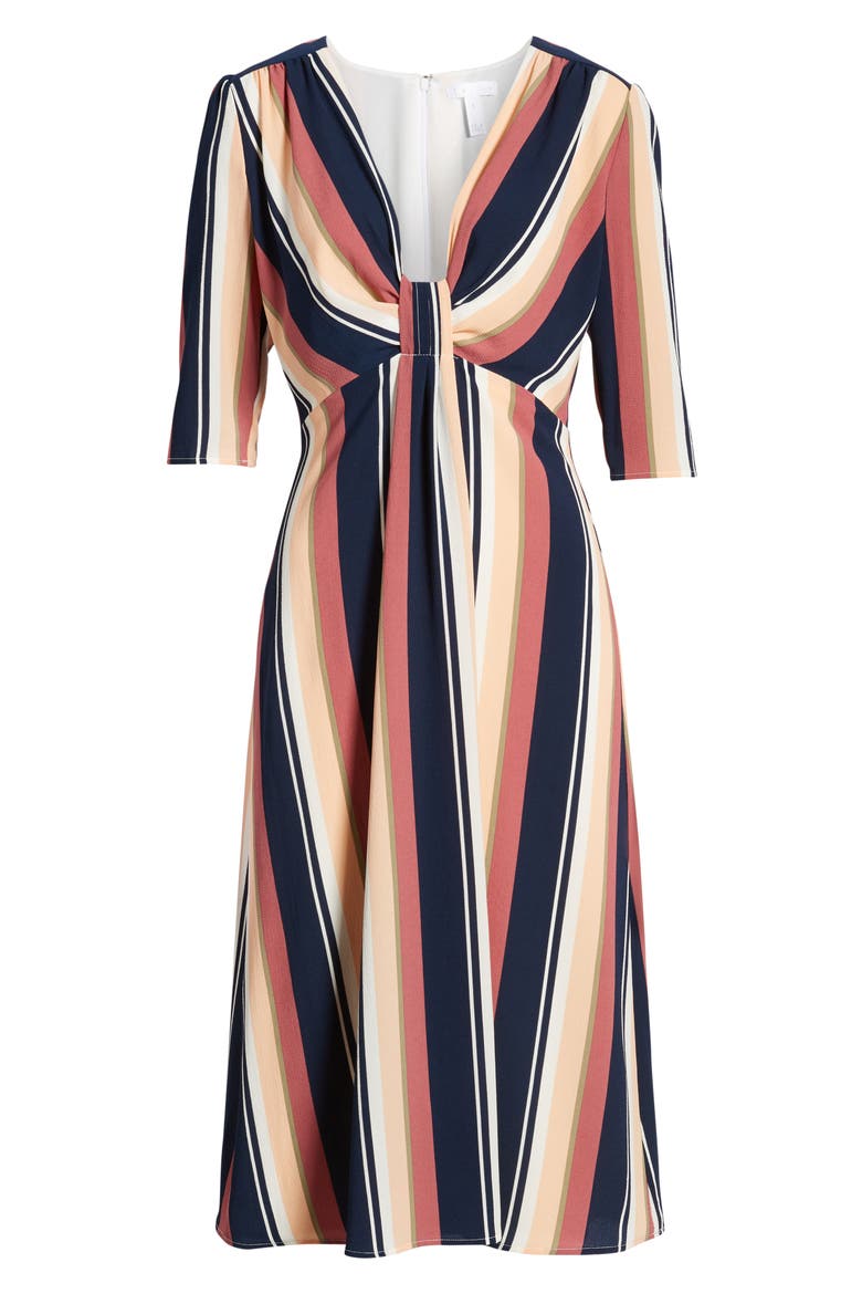Deep V-Neck Stripe Midi Dress, Alternate, color, NAVY PEACOAT BOLD STRIPE